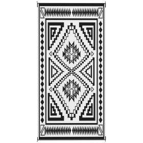 Reversible Outdoor Rug, Waterproof Plastic Straw With Carry Bag, 9 X 18, Black & White Square Patchwork