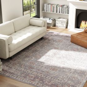 Machine Washable Area Rug 8x10, Non-Slip Traditional Flower Print Floor Carpet For Living Room, Bedroom, Grey And Brown