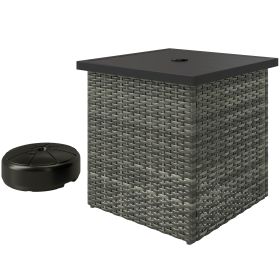 Wicker Side Table With 1.5 Umbrella Hole, Square Outdoor End Table With UV-Resistant Frame, Storage Space, Mixed-Gray