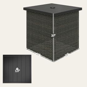 Wicker Side Table With 1.5 Umbrella Hole, Square Outdoor End Table With UV-Resistant Frame, Storage Space, Mixed-Brown