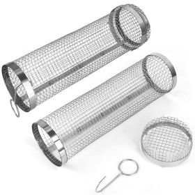 2Pcs 3.42x11.61Inch Portable BBQ Rolling Basket Round Stainless Steel Grill Mesh Barbecue Net Tube With Removable Cover Outdoor Camping