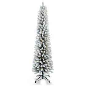 Prelit 7FT PVC Flocked Pencil Tree Artificial Slim Christmas Tree