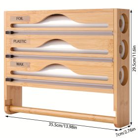 A Bamboo Cling Film Cutter With A Tissue Holder, A Wall-Mounted Foil Cutter For The Kitchen, A Three-Compartment Cutter, And A Paper Storage Rack.