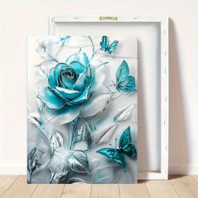 Elegant Turquoise Blue Crystal Rose & Teal Butterflies Canvas Wall Art With Wooden Frame - Classic Decorative Poster For Living Room, Bedroom, Ho (Option: 36X24inch)