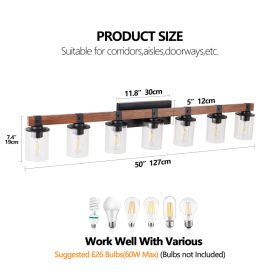 50in Rustic 7-Light Vanity Light, Industrial Bathroom Wall Sconce With Glass Shades And Wood Accent, Modern Farmhouse Lighting Fixture  No Bulbs (Option: default)