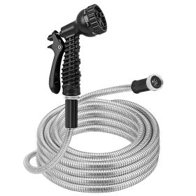 25FT-50FT-100FT Options -- 1Pc Heavy Duty Stainless Steel Garden Hose Garden Watering Kit Metal Water Hose With 2 Nozzles 12 Patterns Flexible Ex (Option: 25FT)