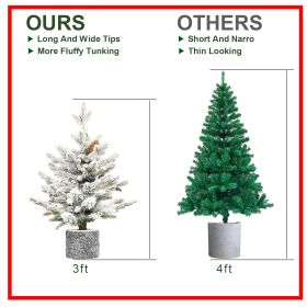 2FT 3FT 4.5FT 6.5FT Pre-lit Potted Flocked Christmas Tree, Snow Frosted Mini Tabletop Artificial Christmas Tree With LED Lights And PE & PVC Branch Ti (Option: 3ft)