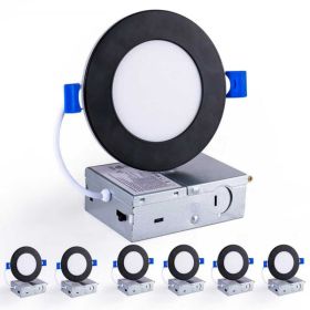 6 Pack 4 Inch Black LED Recessed Light, Dimmable, 2700K-5000K 5CCT, 800LM High Brightness, 9W 120V, Ultra-Thin Canless Wafer Light (Option: default)