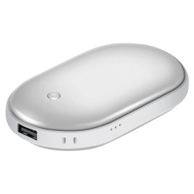 1Pc Portable Hand Warmer 5000mAh Power Bank Rechargeable Pocket Warmer Double-Sided Heating Handwarmer (Color: Silver)