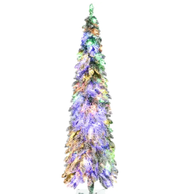 HOMCOM 6ft Tall Prelit Pencil Artificial Christmas Tree Holiday Decor With 407 Snow Flocked Branches, 250 Warm White Or Colorful LED Lights, Downswept (Option: As pic)