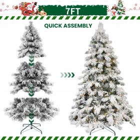 5FT 6FT 7FT 8FT Prelit Flocked Christmas Tree With Light, Snowy Pine Design, Warm White LED Lights, Hinged Branches, Metal Stand, Realistic Artificial (Option: 7ft)
