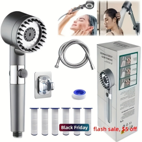 Stainless Steel Fixture - 5 Filter Shower Set, With 3 Adjustable Modes, Stainless Steel Panel And Adapter, Perfect Christmas Gift, Christmas Show (Option: Shower set)
