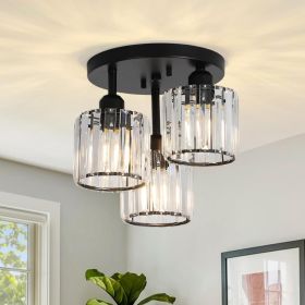 Crystal Semi Flush Mount Ceiling Light,3-Light Modern Close To Ceiling Light Fixtures,Black Kitchen (Color: Black)
