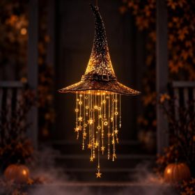 New Lighted Witch Hat Hanging Chime Halloween Witch Star Tassel1pc (Option: Warm White)