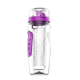 3 Color Options - 1Pc Fruit Infuser Water Bottle 32OZ Juice Shaker Sport With Flip Top Lid Anti-Slip Grips For Office Home Sport Running Walking (Color: Purple)